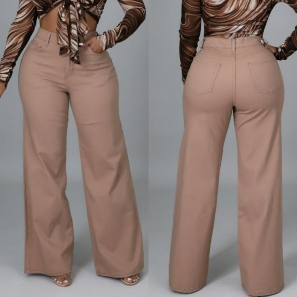 Cotton Twill Wide Leg Chino High Waisted Pants Tan Khaki Denim Size 9 New